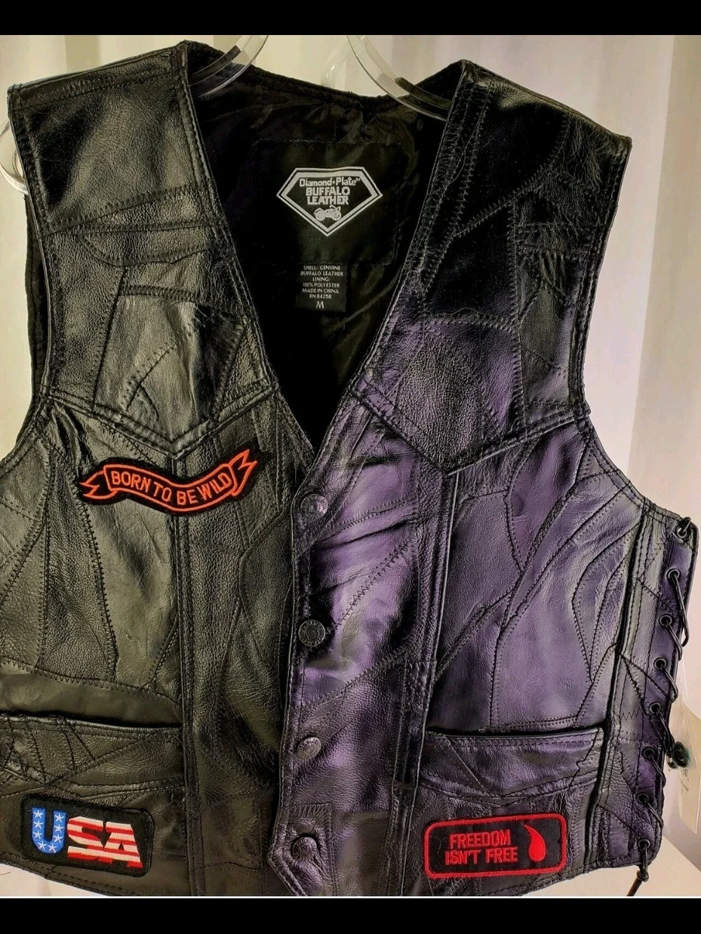 Diamond Plate Buffalo Black Leather Biker Vest with Side Lacing & Eagle Patch.
